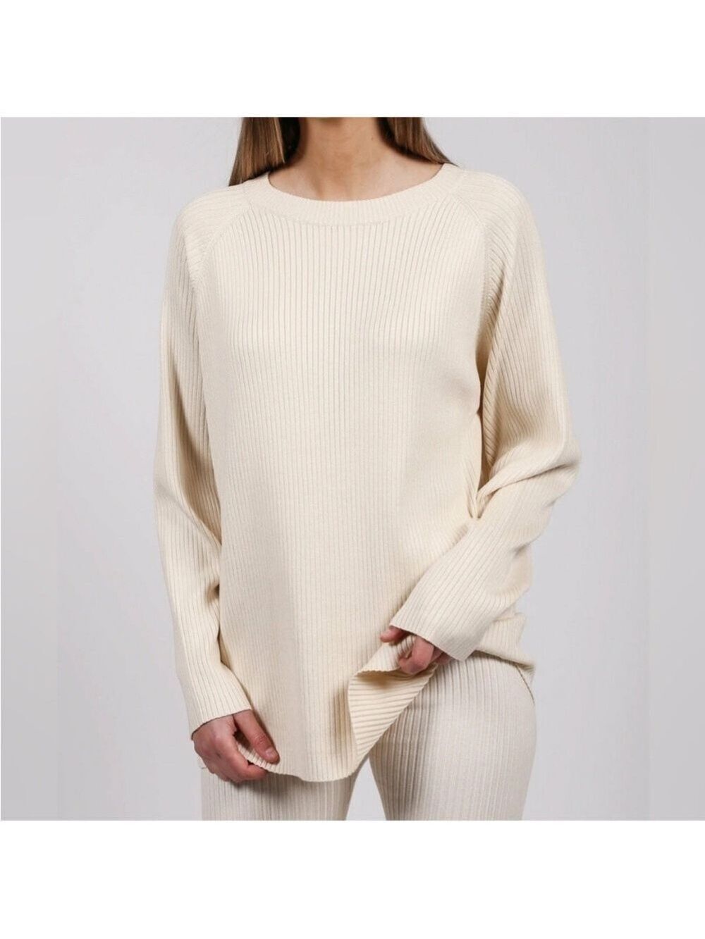Brunette the Label Grey Long Ribbed Knit Crew Neck Sweater Size XS / Small